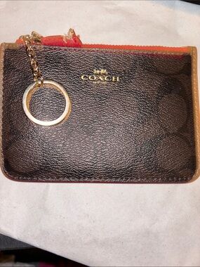 Coach Brown Signature Card Case with Red Zip and Gold Key Ring